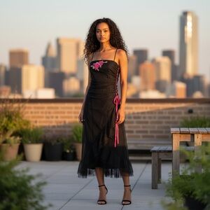 Y2K Mesh Overlay Ruffle Hem Lace up Black Dress Whimsigoth Fairy Sz L